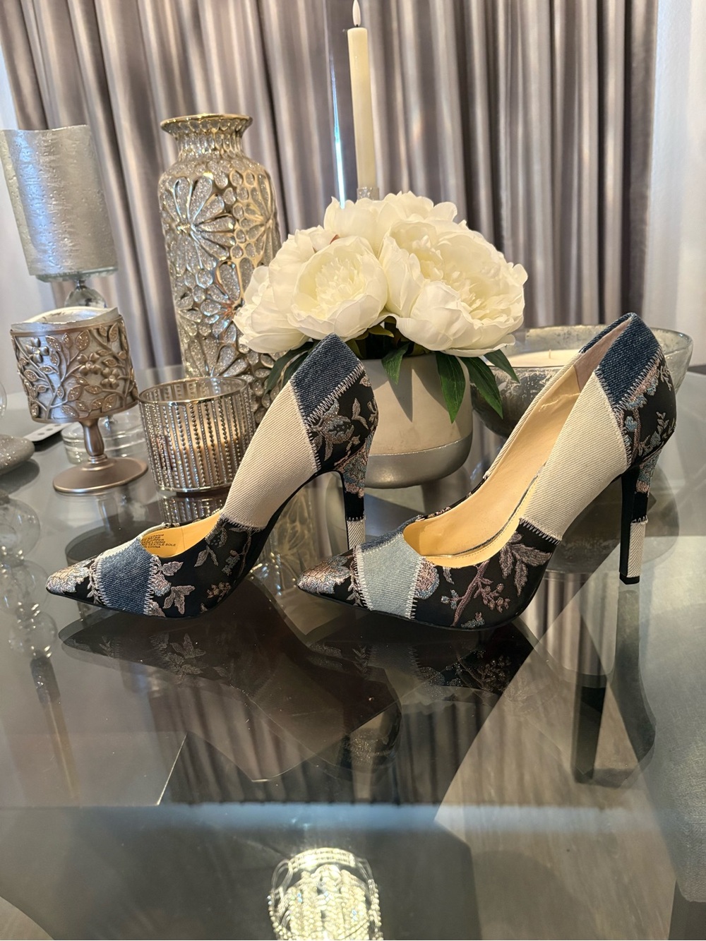 Jessica Simpson Beautiful Denim Patchwork Floral & Metallic - New Heels